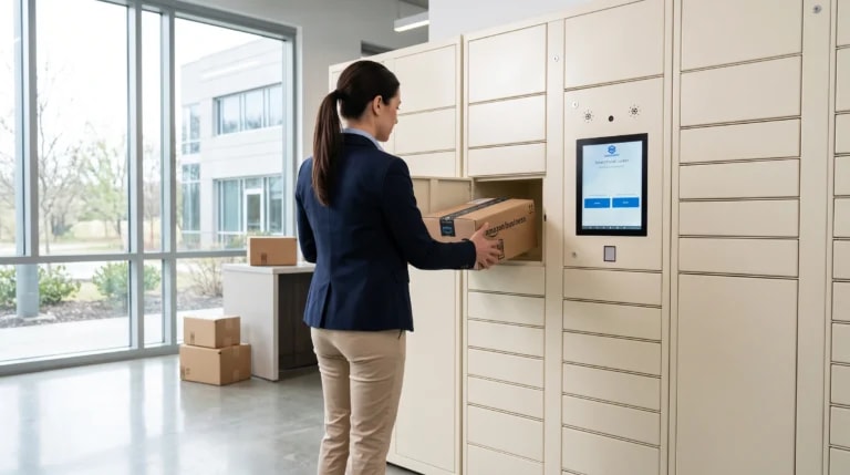 Office employee retrieving a parcel from a StaticMile locker