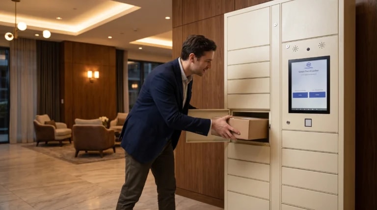 Resident retrieving a parcel from a StaticMile locker in the evening