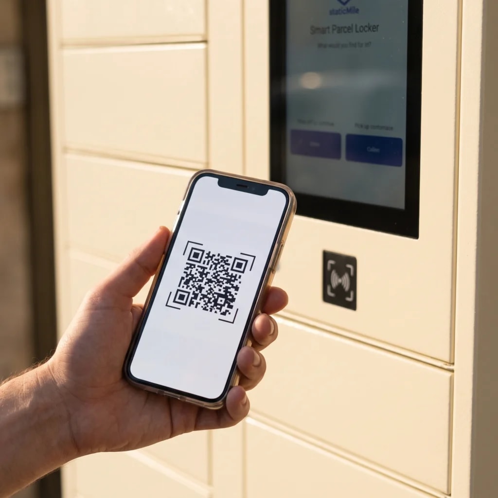 Scanning a QR code near a StaticMile locker touchscreen