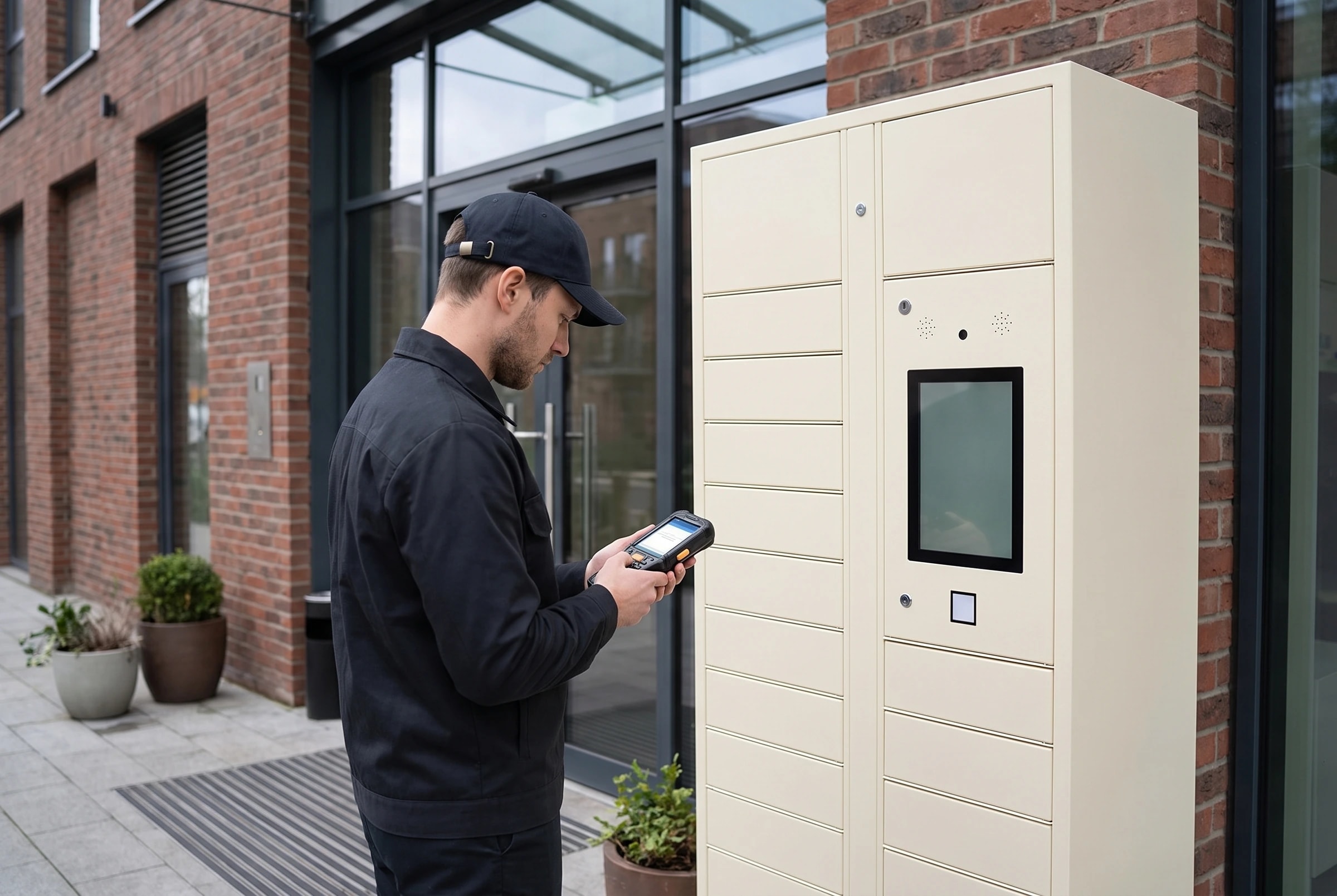 Courier checking a handheld scanner beside a StaticMile locker bank