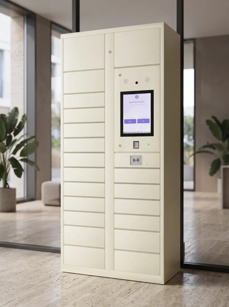 StaticMile smart locker bank in a multifamily condo lobby entryway