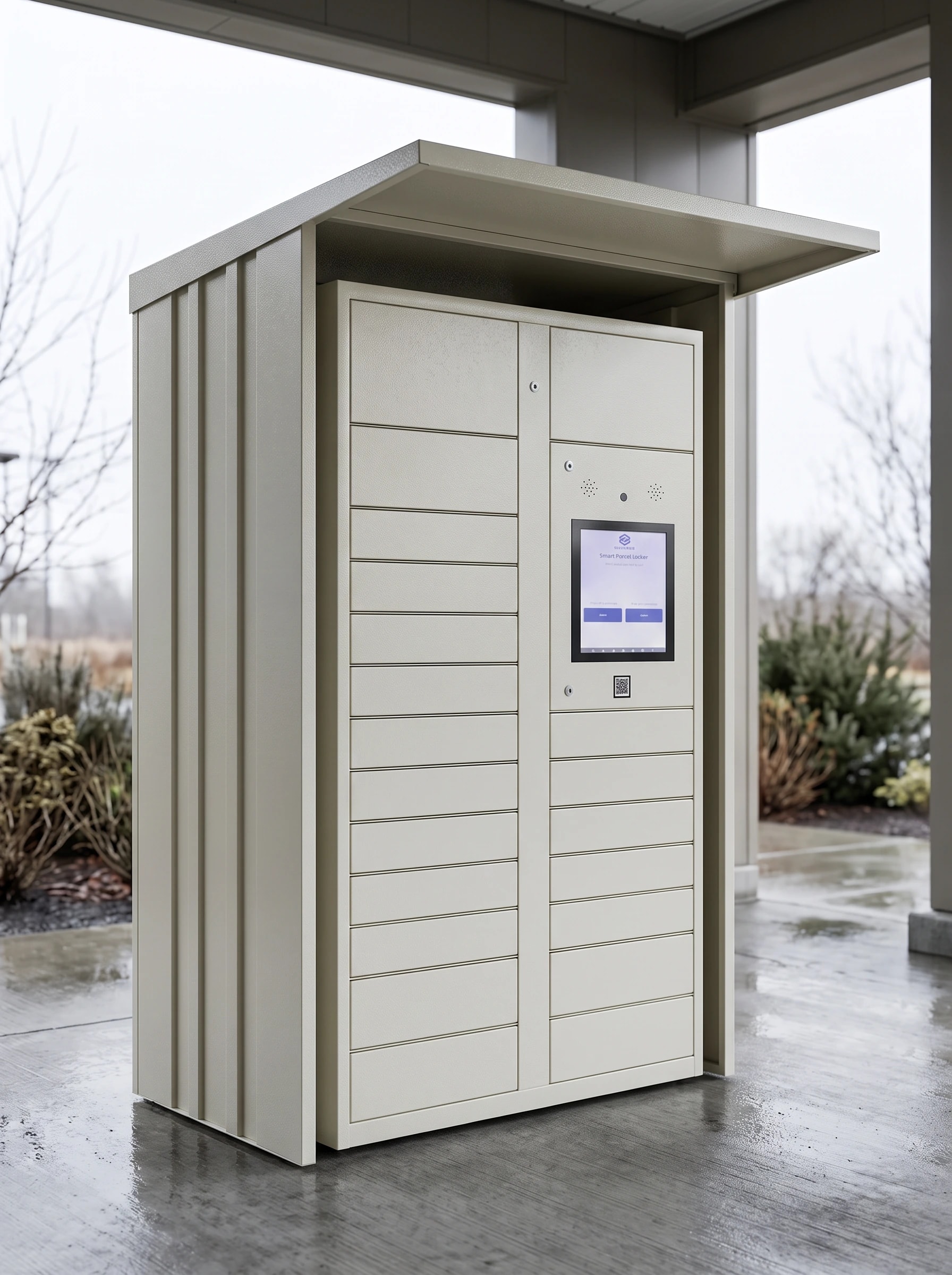 Weatherproof StaticMile locker bank under a covered outdoor entrance