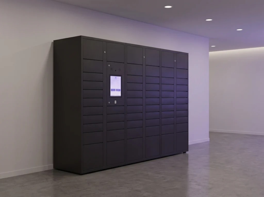 StaticMile locker bank in a corporate office mailroom